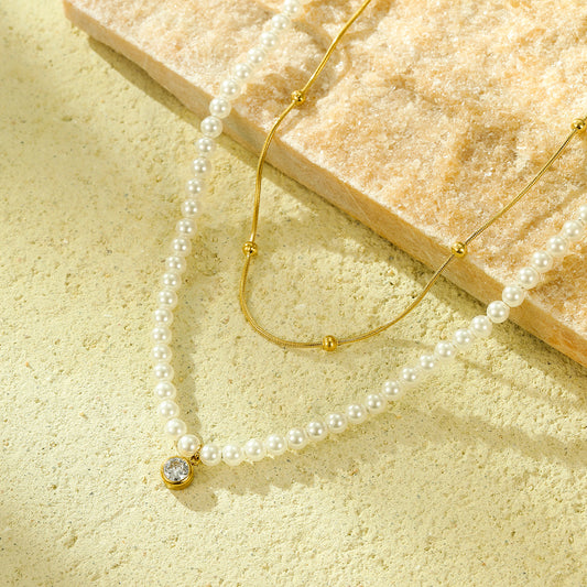 All Match Pearl Double Chain Inlaid Zircon Titanium Steel Necklace 18K Stainless Steel Clavicle Chain Accessories - Wanita Store