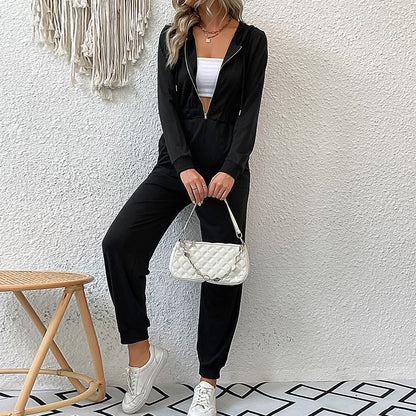 Women Clothing Autumn Winter Hooded Long Sleeved Zipper Hoodie Casual Sports Jumpsuit - Wanita Store