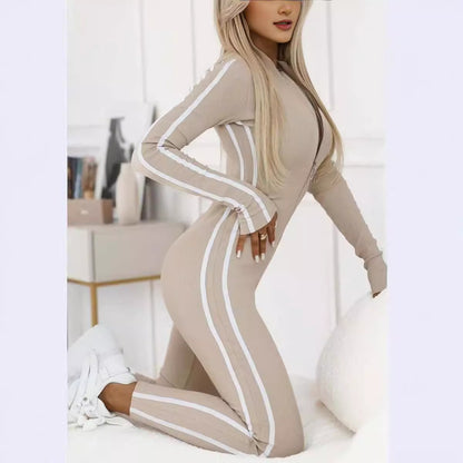 Autumn Winter Women Slim Striped Half Zipper Jumpsuit - Wanita Store