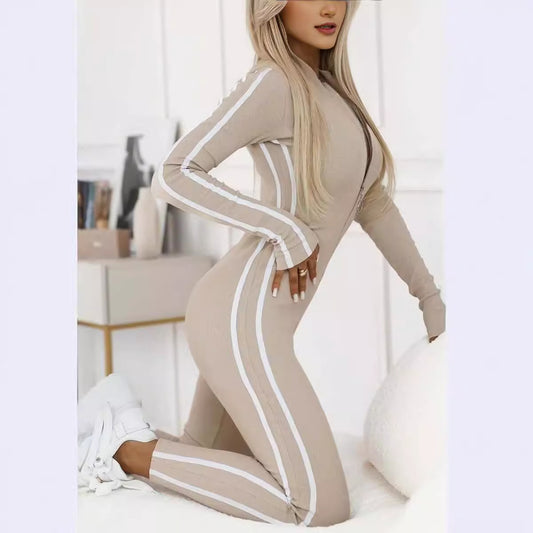 Autumn Winter Women Slim Striped Half Zipper Jumpsuit