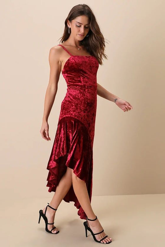 Pleuche Spaghetti Strap Dress Sexy Patchwork Ruffled Sheath Fishtail Dress