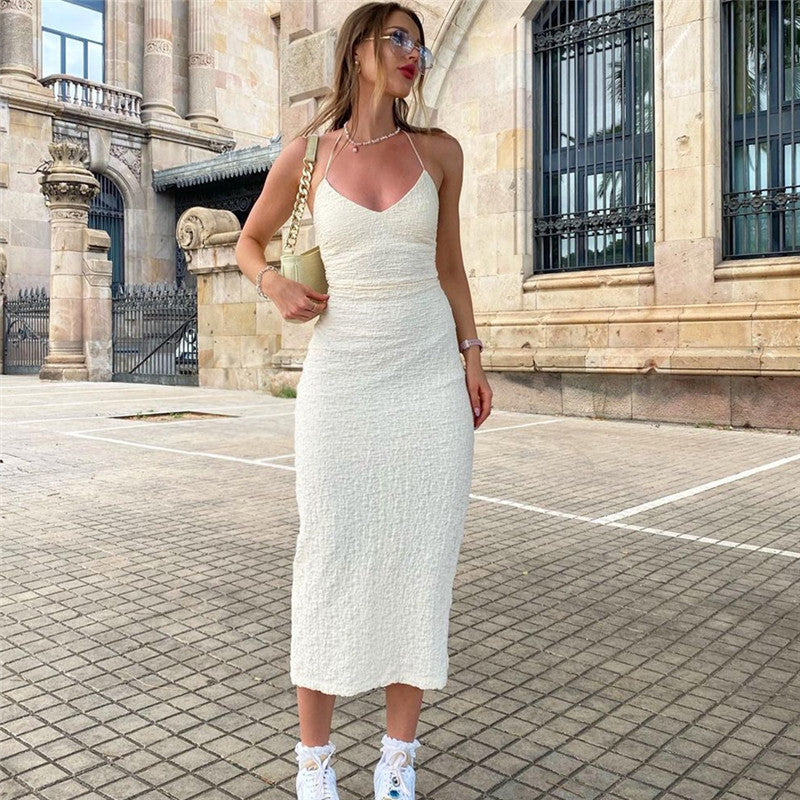 Autumn Sexy Low Cut V Neck Hollow Out Cutout Backless Halter Lace up Mid Length Split Dress Women