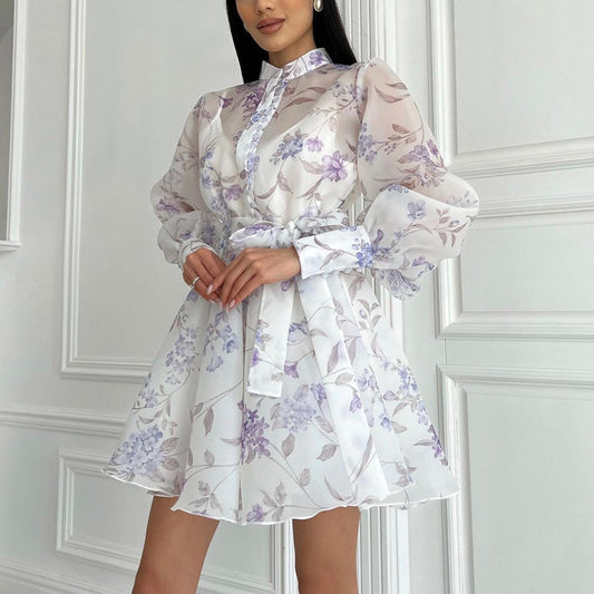 Vestido camisero elegante de mujer con cuello alto, manga larga, estampado de encaje y corte en A
