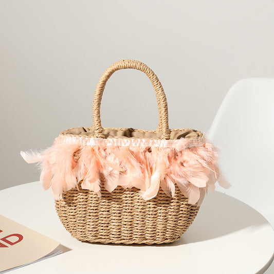 Straw Bag Women Fairy Feather Model Straw Bag Woven Bag Handbag Travel Bag Vacation Beach Bag