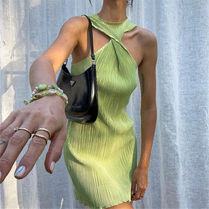 Round Neck Twisted off Shoulder Short Dress Women Summer Pleated Sexy Dress - Wanita Store
