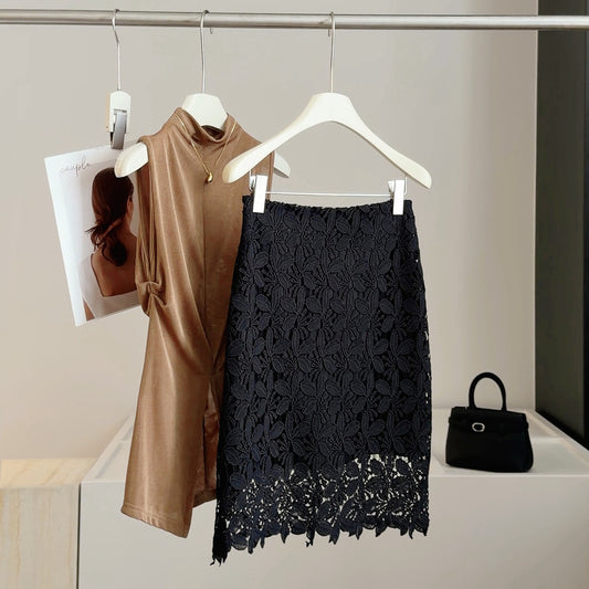 Lace Embroidered Hollow Out Cutout Skirt Women Summer High Waist Slimming Sexy Fashionable A line Sheath Mid Skirt