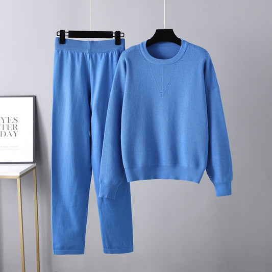 Autumn Winter Loose Casual Sweater Two Piece Set Solid Color Knitting Suit Women