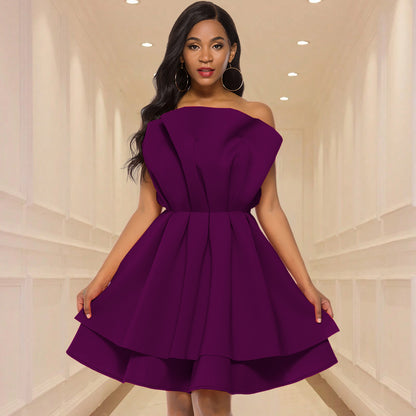 Sexy Tube Top Dress Ruffled a Hem Cocktail Waist Tight Evening Dress - Wanita Store