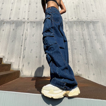 Personality Stitching Denim Trousers Autumn High Waist Large Pocket Loose Casual Wide Leg Pants Women Clothing - Wanita Store