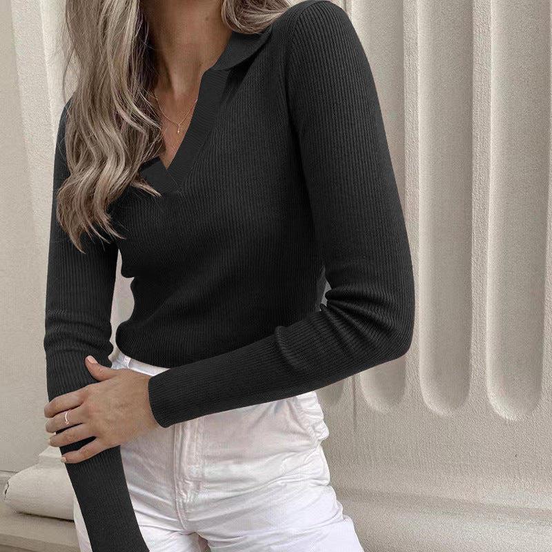 Retro Sexy Polo Collar Deep V Plunge Top Fall Women Clothing Crop Top Tight Fitting Thread Knitted Long Sleeve T shirt