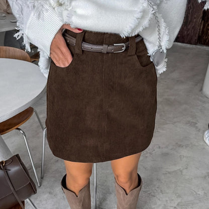 Retro Corduroy Skirt Women Short Autumn High Waist Office All Matching Slimming A line Sheath Skirt（Without Belt） - Wanita Store