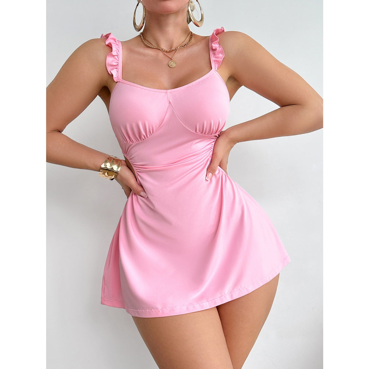 Sexy Sleepwear Ruffled Sexy Waist Hollow Out Cutout out Low Cut Deep V Plunge Ultra Short Dress
