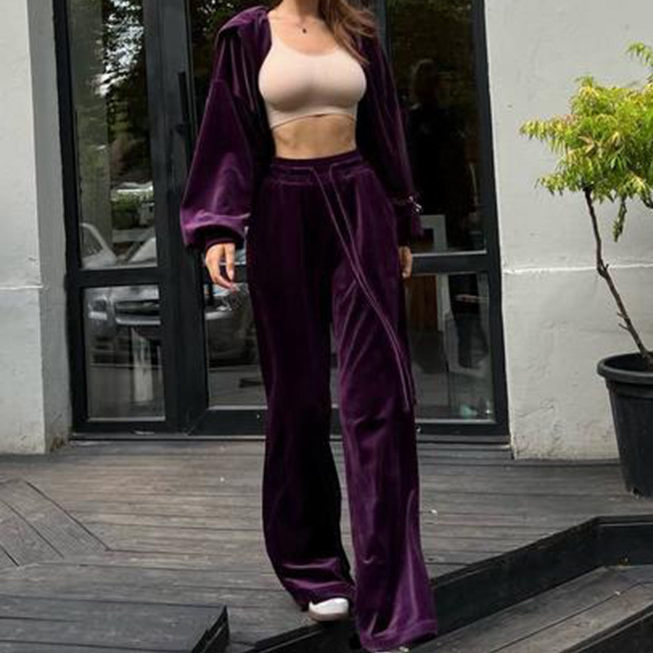 Early Autumn Gold Velvet Zipper Drawstring Casual Suit Women