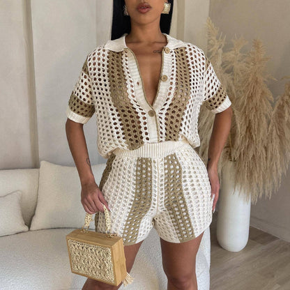 Women Clothing Sexy Women Hollow Out Cutout Out See Through Collared Knitted Shorts Suit - Wanita Store