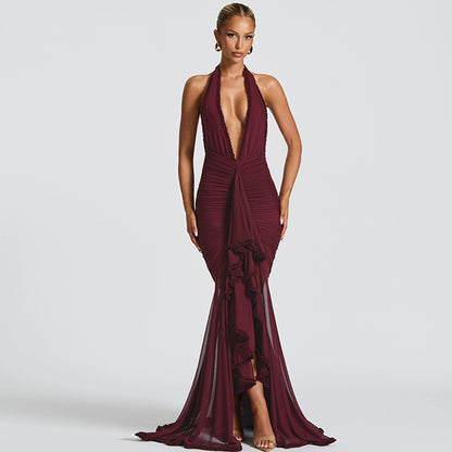 Summer Mesh Stitching Elegant Dress Maxi Dress V neck Halter Backless Sexy Dress Women - Wanita Store