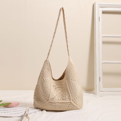 High Grade Single Shoulder Large Capacity Cotton Thread Woven Bag Hollow Out Cutout Floral Straw Bag Vacation Beach Bag Women Bag - Wanita Store