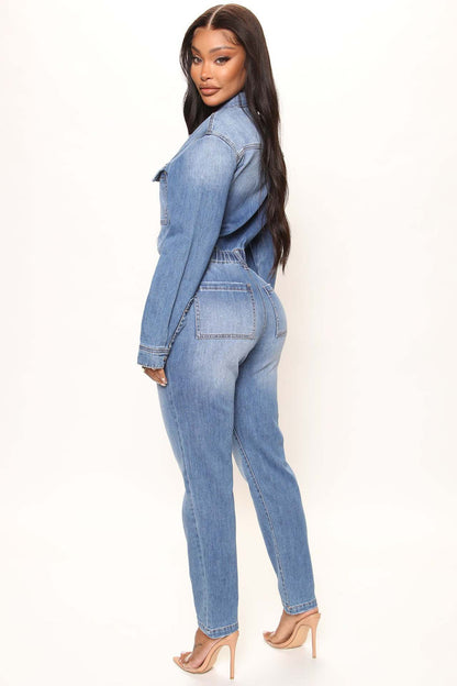 Women Slim Elastic Feet Wash Denim Jumpsuit - Wanita Store