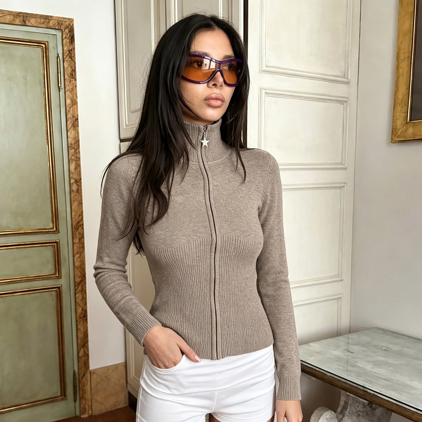 Autumn Winter Women Solid Color Minimal Casual Sweater Lightly Mature Stand Collar Zipper Coat