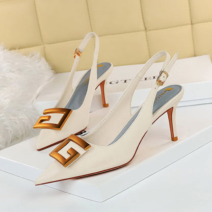 Women Shoes Stiletto Heel Shallow Mouth Pointed Toe Hollowed Back Strap Metal Square Buckle Pumps - Wanita Store