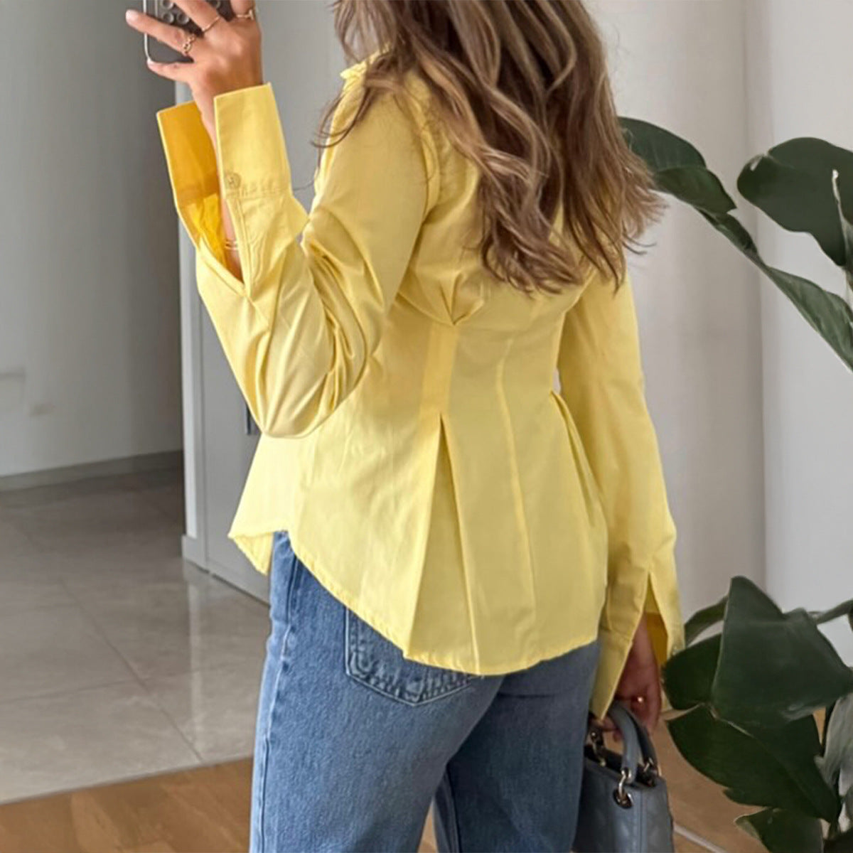 Women Clothing Autumn Elegant Solid Color Buttons Long Sleeve Shirt Top - Wanita Store