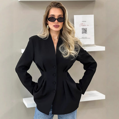Women Clothing Autumn Elegant Slim Fit Abdomen Control Black Office Design V neck - Wanita Store