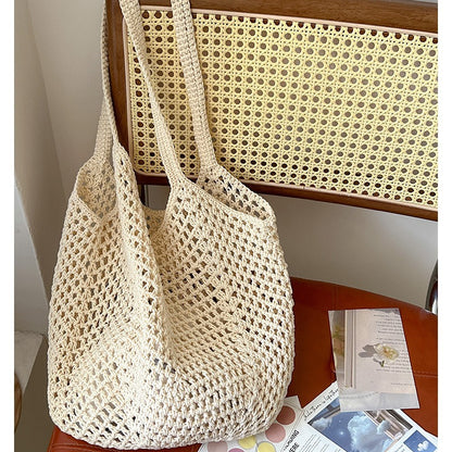 Casual Large Capacity Cotton Thread Woven Bag Hollow Out Cutout Straw Bag Idle Shoulder Bag Vacation Beach Bag Women Bag - Wanita Store