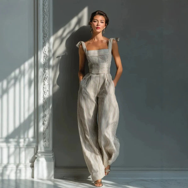 Summer Striped Spaghetti Straps Pocket Jumpsuit High Waist Wide Leg Jumpsuit Women