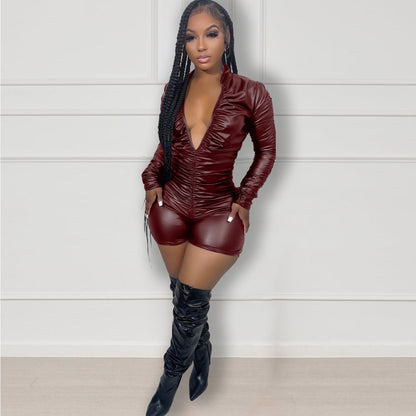 Women Clothing Solid Color Pleated High Elastic Faux Leather Jumpsuit - Wanita Store