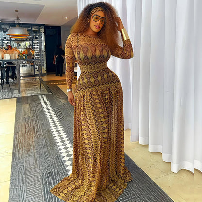 Elegant Retro Women Waist Slimming Micro Transparent A line Printing round Neck Long Sleeved Dress - Wanita Store