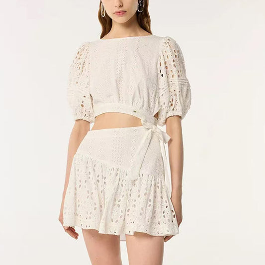 Women Elegant Short round Neck Puff Sleeve Waist Baring Dress