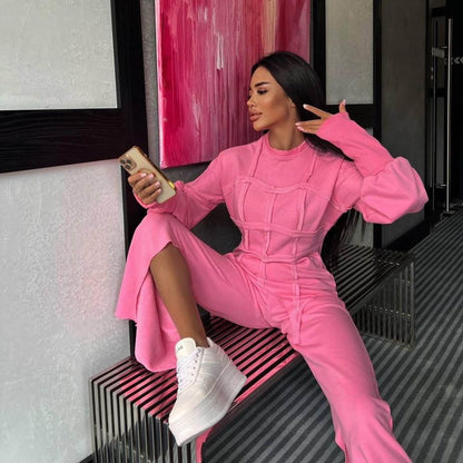 Solid Color Hoodie sets Round Neck Pullover Top Split Straight Pants Casual Two Piece sets - Wanita Store