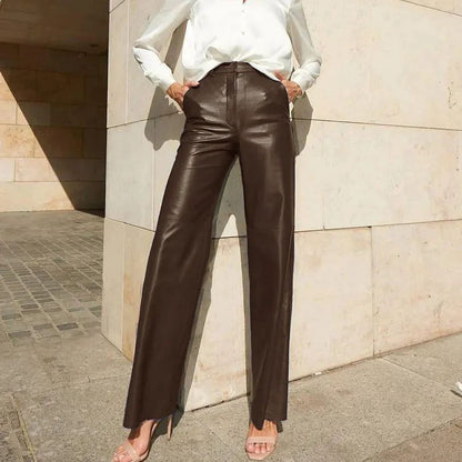 Women Clothing Spring Faux Leather Mid High Waist Hip Lifting Straight Women Casual Pants Women Pants - Wanita Store