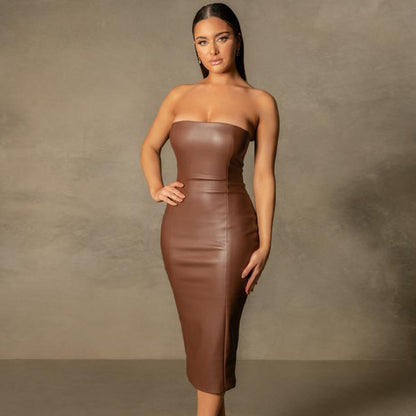 Autumn Winter Solid Color Faux Leather Elegant Slim-Fit Tube Top Back Slit Sexy Midi Dress - Wanita Store