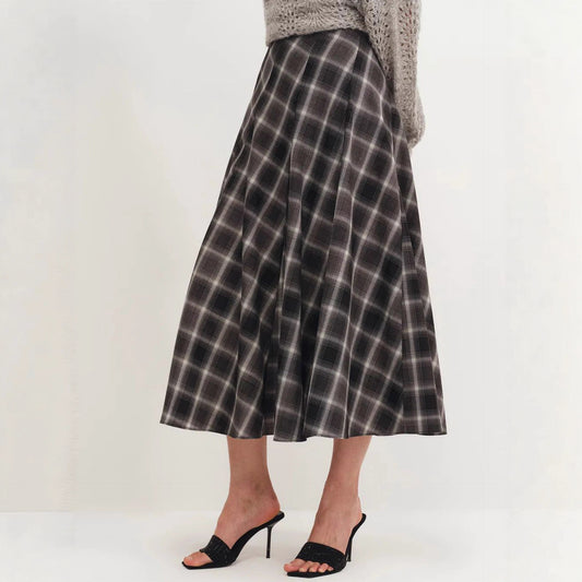 Autumn Winter Woolen Plaid Retro Long Skirt Tight Waist Slimming A line Skirt Large Swing Skirt
