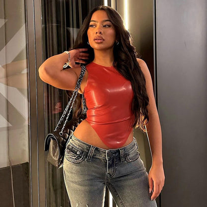 Women Clothing Leather Simple Sexy round Neck Sleeveless Irregular Asymmetric Hem Top Small Vest for Women - Wanita Store