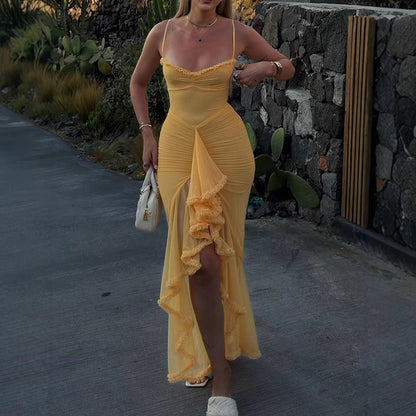 Early Autumn Women Wear High Grade Mesh Camisole Pleated Irregular Asymmetric Sleeveless Dress - Wanita Store