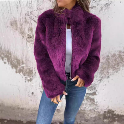 Women Clothing Women Autumn Winter Faux Fur Turtleneck Zipper Casual Top Coat - Wanita Store