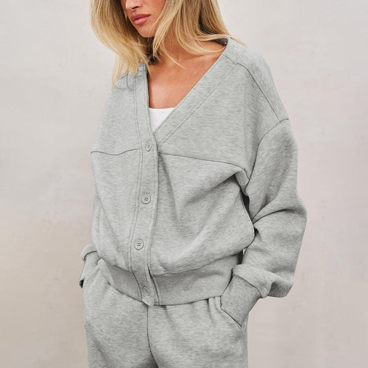 Autumn Button Cardigan Coat High Waist Solid Color Loose Trousers Idle Set - Wanita Store