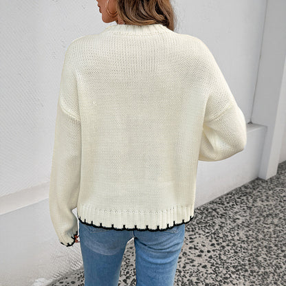 Autumn Winter Retro round Neck Long Sleeve Striped Contrast Color Sweater Women - Wanita Store