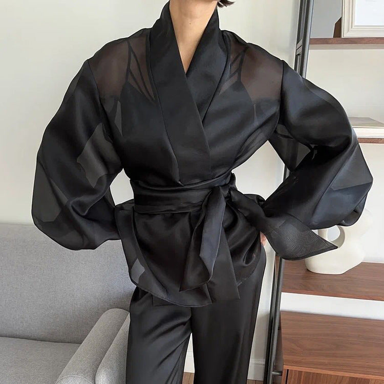 Camisa negra francesa transparente de primavera para mujer, manga abullonada, cuello en V, blusa con cordones