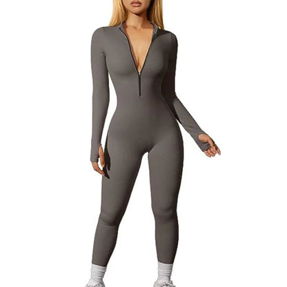 Women Sports Jumpsuit Workout Ribbed Long Sleeve Zipper Casual Jumpsuit Trousers Tight - Wanita Store