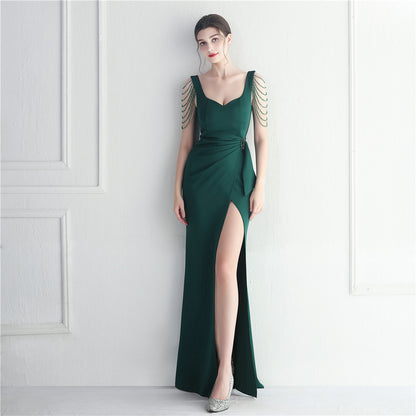 Craft Beaded Car Model Bridesmaid Performance Wedding Long Slit Evening Dress - Wanita Store