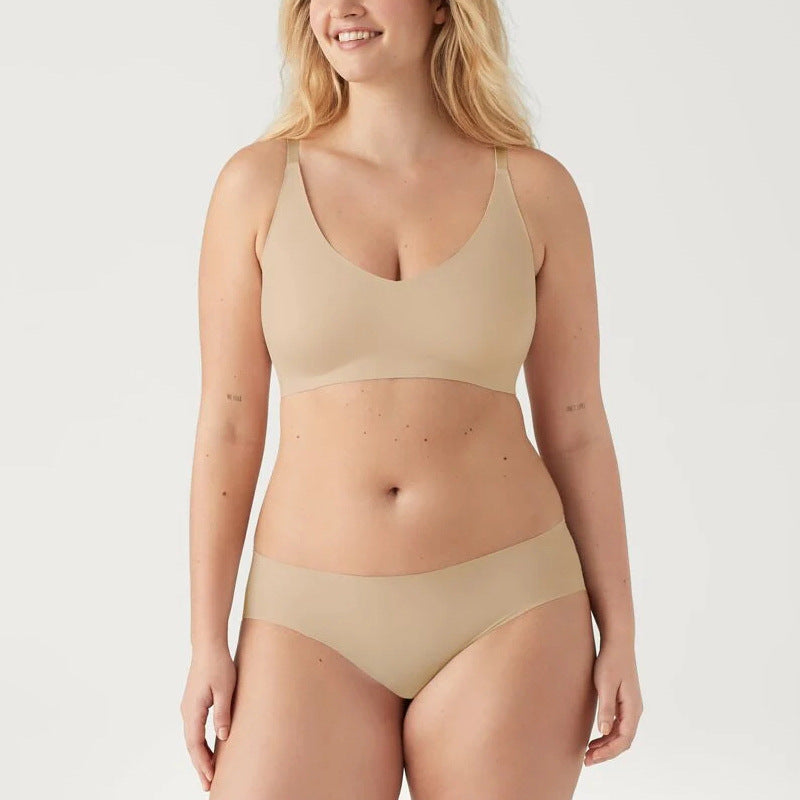 Seamless Comfort Beauty Back Big Chest Small Peach Heart Underwear V Neck without Steel Ring Cross Shoulder Strap Thin Bra Set