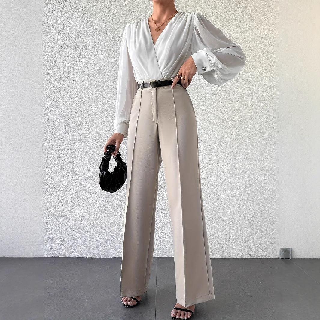 High Waist Slimming Straight Casual Trousers Side Pocket French Office Business Trousers
