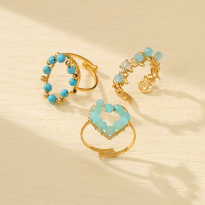 Blue Natural Stone Love Design Titanium Steel Ring Women Arrival Minority High Grade Stainless Steel Ring - Wanita Store
