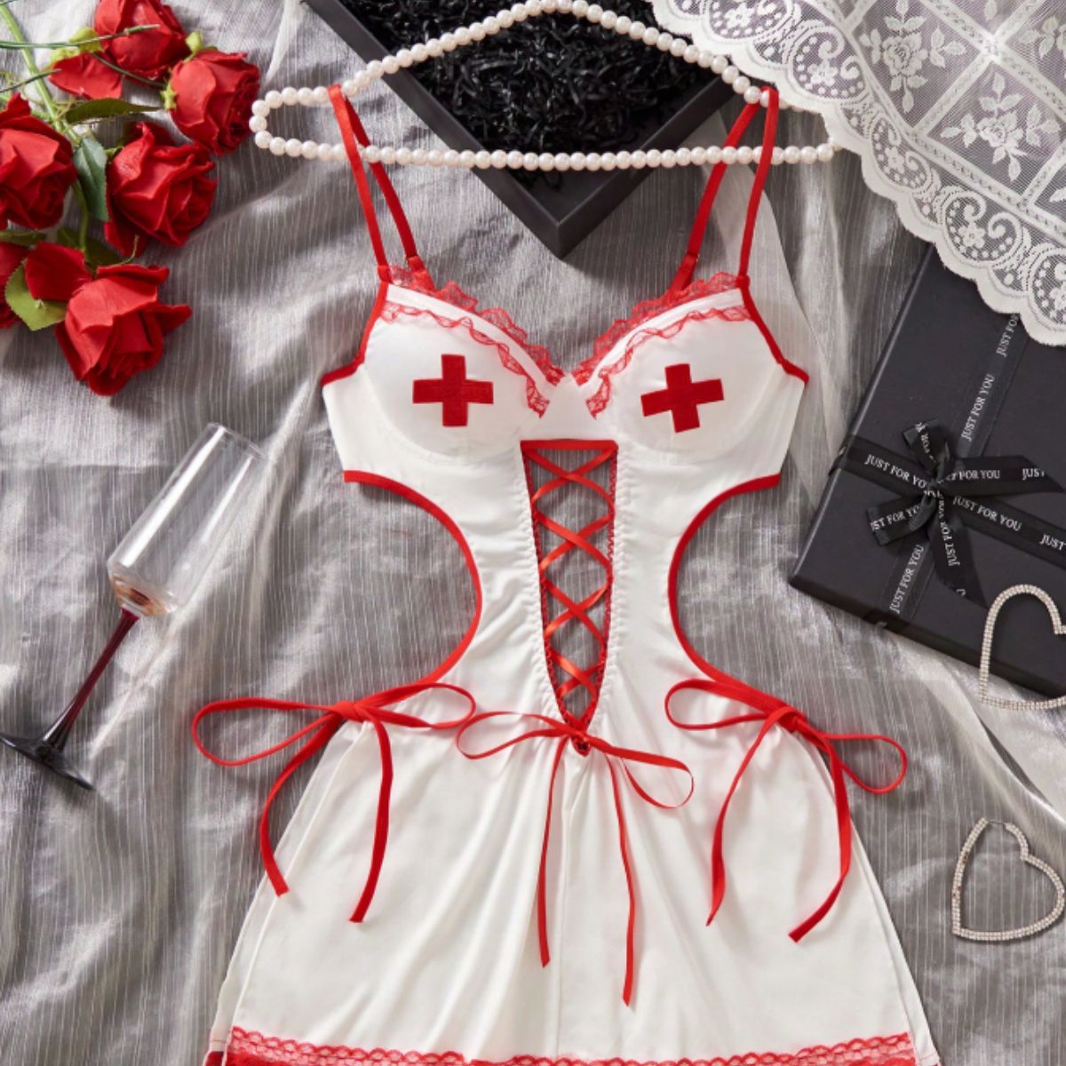Nurse Sexy Uniform Red Edge Lace Lace up Cutout Suspender Skirt Role Playing Sexy Pajamas