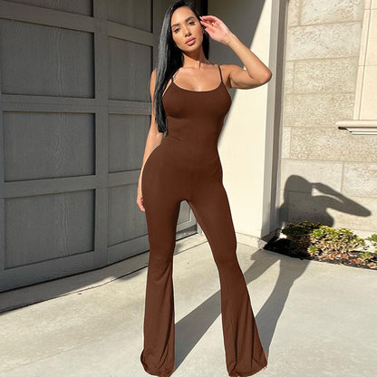 Women Clothing Spring Sexy U Collar Backless Slim Fit Solid Color Sling Jumpsuit - Wanita Store
