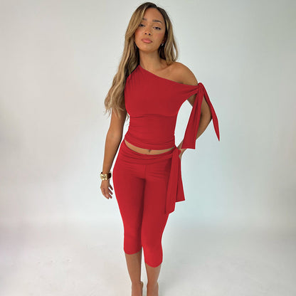 Women Clothing Summer Street Shooting Diagonal Collar Sleeveless Top Slim Fit Tied Shorts Suit - Wanita Store
