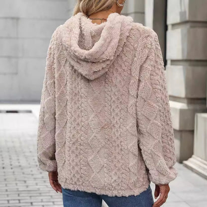 Autumn Winter Women Clothing Plush Jacquard Fabric Long Sleeve Loose Hooded Pullover Sweatshirt - Wanita Store
