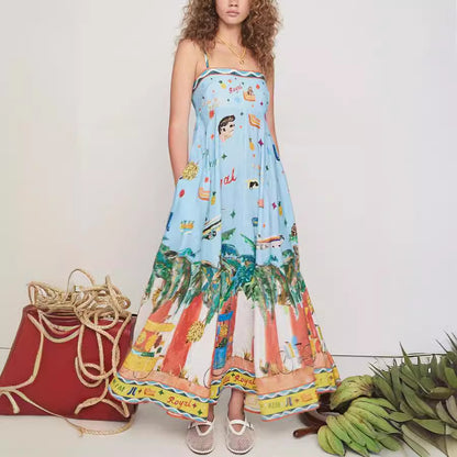 Spring Summer Suspender Printed Pocket Dress Casual Loose Vacation Dress - Wanita Store